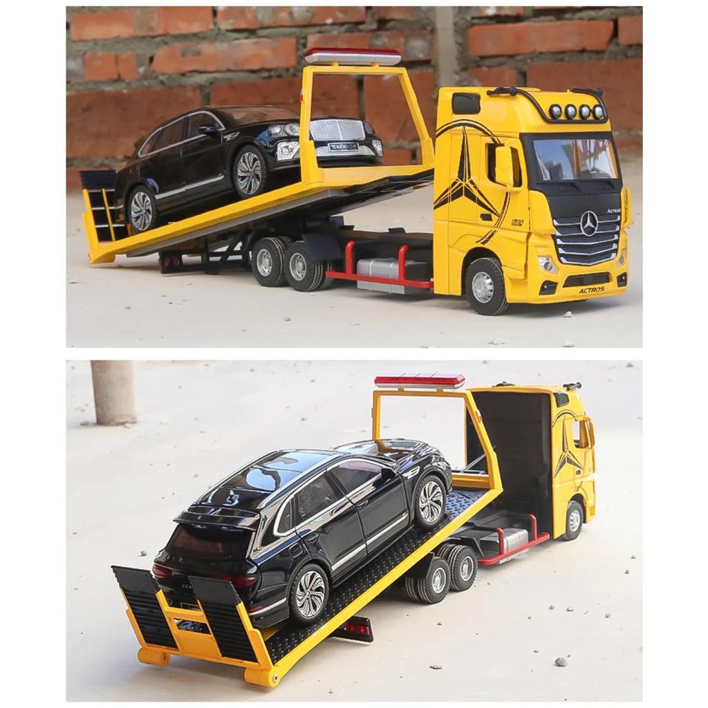 1/24 Scale Large Benz 1851 Flatbed Trailer Alloy Model Car Diecast Vehicle Collection Simulation Sound and Light Toys Gifts For Kids