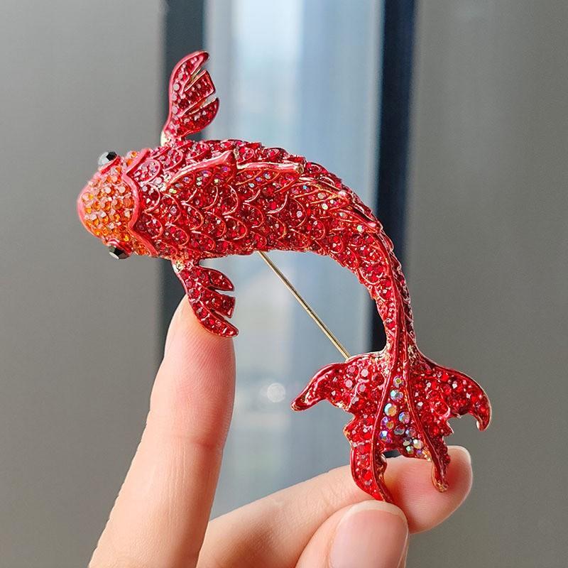 Trendy Red Koi Fish Rhinestone Brooches For Women Unisex Vintage 3-Color Carp Fish Animal Brooch Pin Coat Suit New Year Gifts