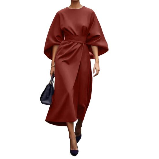Lady Midi Dress Three Quarter Dolman Sleeves Slim High Waist Solid Color Round Neck Long Dress Summer Spring Prom Party Dating Dress