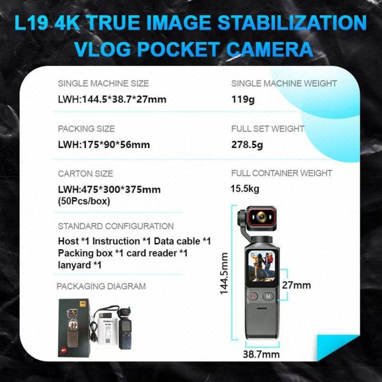 L19 1.69 inch Touch Screen and Wi-Fi Connectivity 4K Action Camera Anti-Shake VLOG Pocket Camera