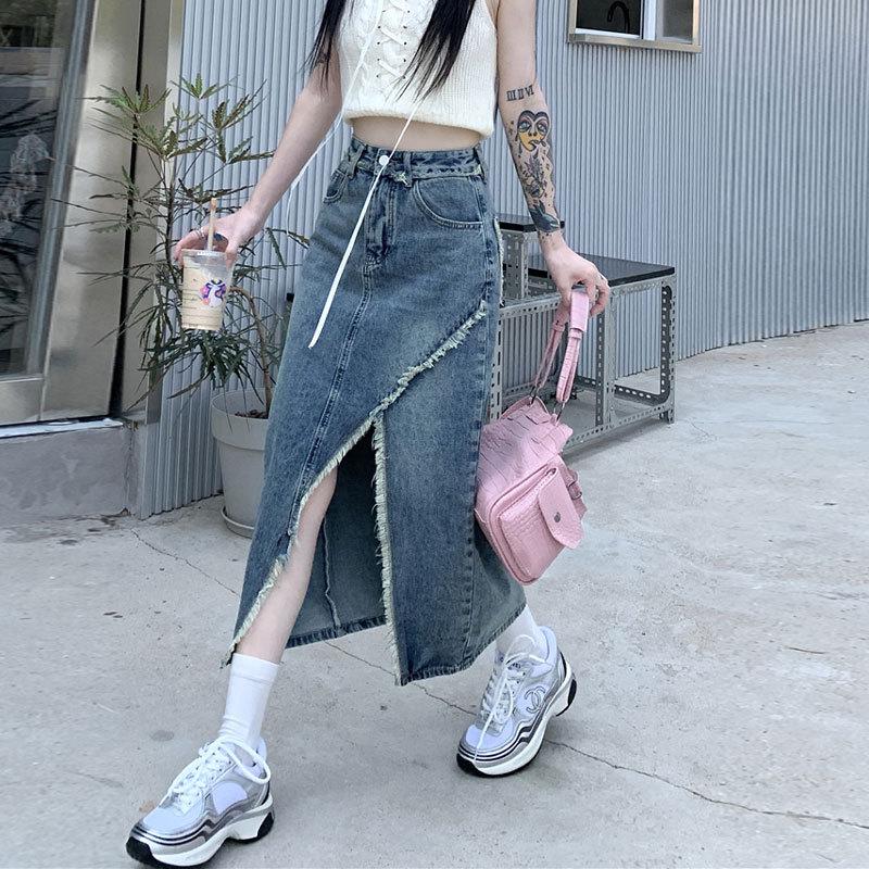 Разрез нерегулярный женский необработанный край винтажный повседневный средней длины с высокой талией А-силуэт пакет бедра юбка универсальная удобная модная джинсовая юбка-бюстье