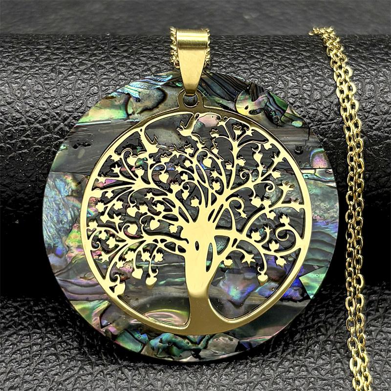 Дерево Жизни Нержавеющая Сталь Раковина Абалона Натуральная Цепочка для Ожерелья Золотой Цвет Ожерелья Раковина Перламутра Boho Украшения ожерелье NX