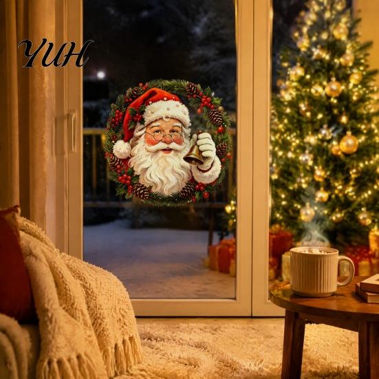 Festive Garland Decorations Christmas Wreath Window Stickers, Retro Santa Claus PVC Decals, Waterproof Decorative Seasonal Storefront Display