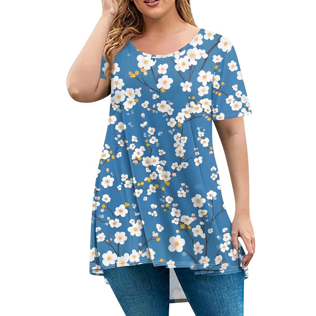 Женская мода большого размера с круглым вырезом и коротким рукавом, повседневный свободный пуловер с принтом