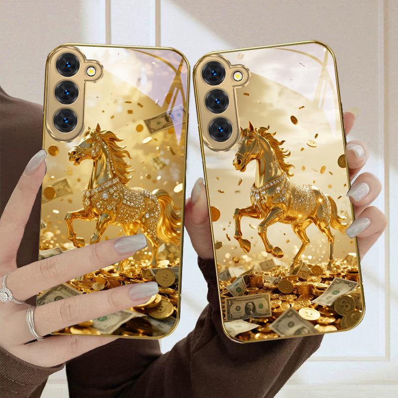 Прекрасный золотой конь Для Samsung Galaxy S20 FE S21 S22 Ultra S23 Plus S24 Ultra 25Ultra S21+ S9+ 22Plus Золотой стеклянный чехол для телефона