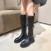 Western Knight Knee High Boots Female Thigh High Boots Black Goth Women 2024 Belt Buckle Zipper Thick Bottom Flats Shoes Ladies