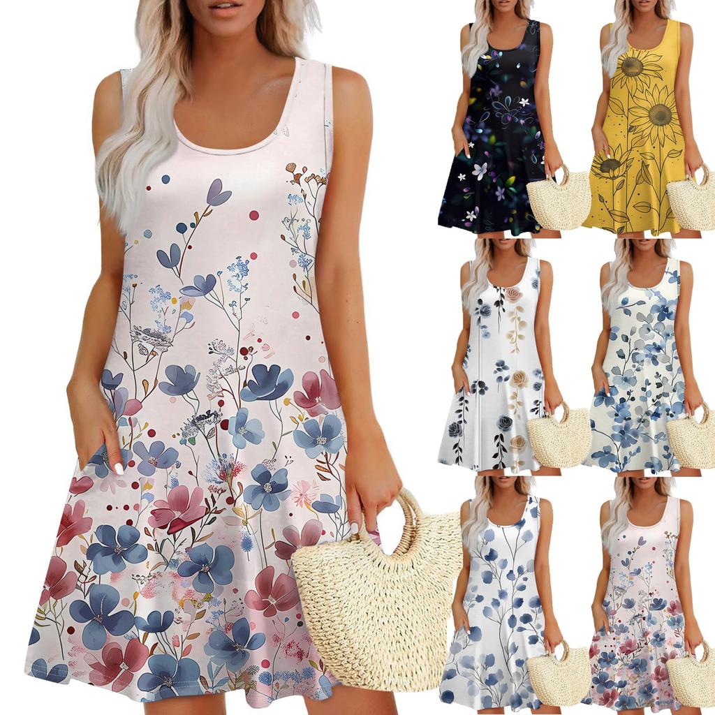 Women's Summer Casual U-neck Floral Print Dress Sleeveless Dress With Pockets