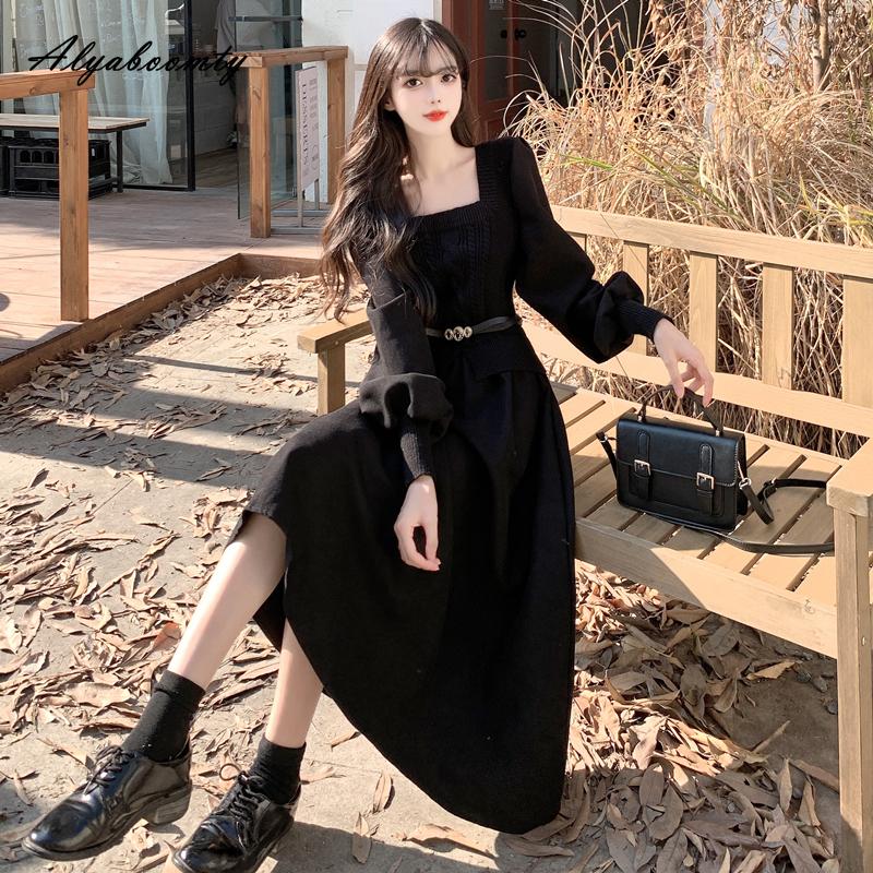 Корейский стиль Осень Зима Женское миди-платье Квадратный вырез Вязаный пэчворк Повседневное свободное платье с поясом Элегантное женственное винтажное платье