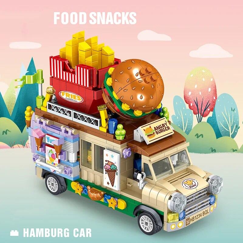 City Street View Series Food Truck Model Micro Building Blocks Ice Cream Hamburger Car Vehicle Mini Bricks Toy Gifts for Girl