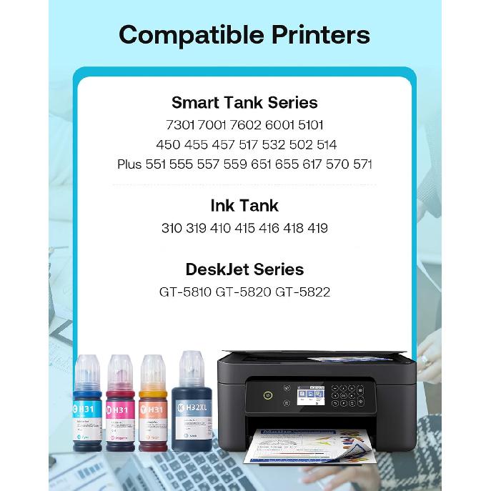 31 32XL Ink Bottle Refill Kit Compatible for HP Smart Tank 5101 7301 7602 7001 6001 Plus 551 651 455 457 450 All-in-One Ink-Tank Printers, 4-Pack