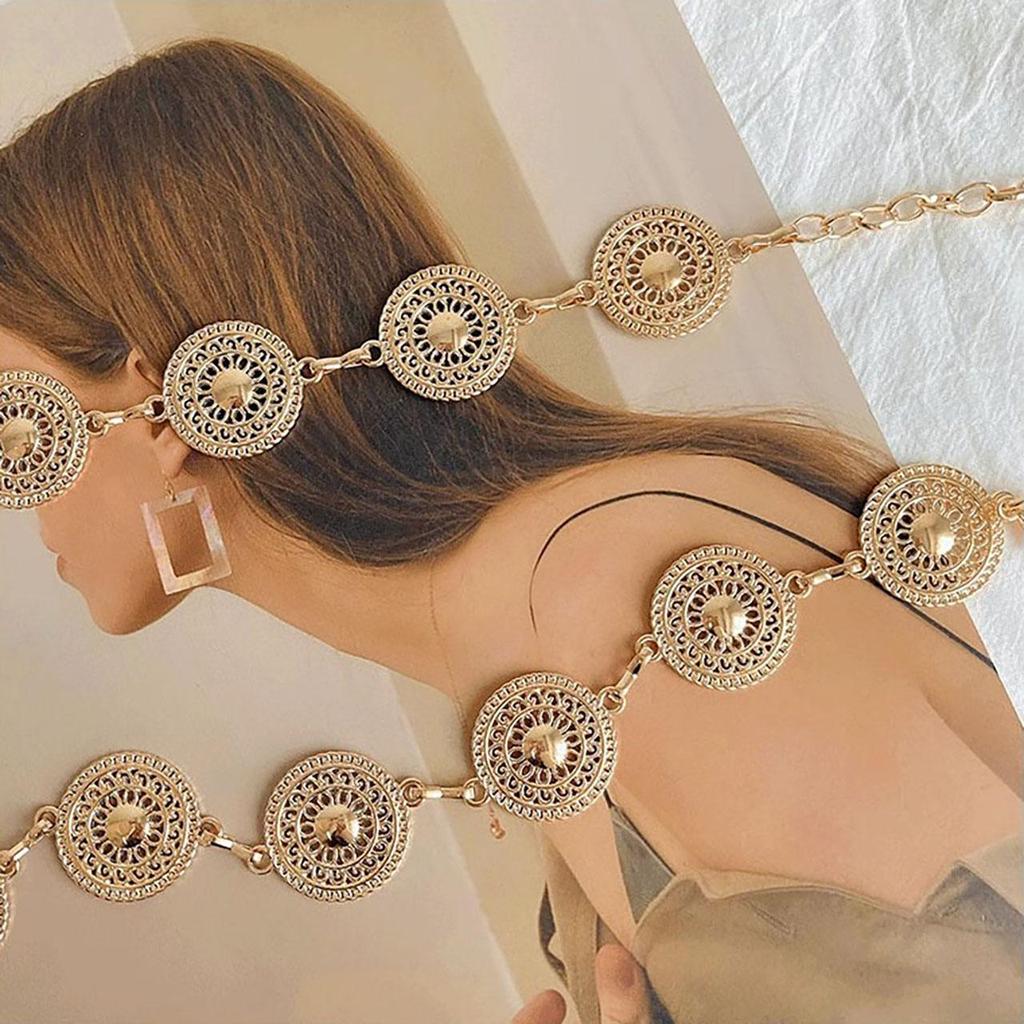 Женский металлический пояс с круглыми вырезами, золото, серебро, резной, длинный, регулируемая цепочка, элегантный, для платья, пальто, декоративный ремешок