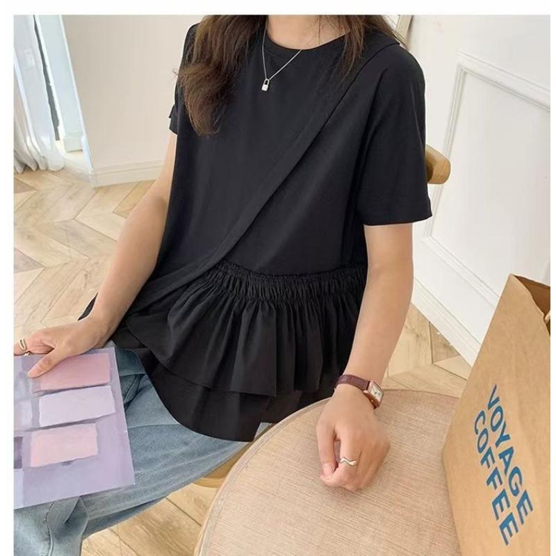 Sweet Laminated Pleated Ruffle Edge Splicing A Word Loose Round Neck Short Sleeve Doll Shirt T-shirt Women's Summer