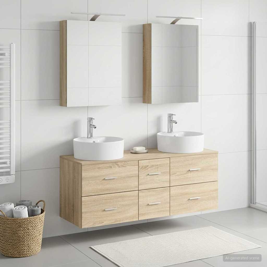 5 Piece Bathroom Furniture Set Sonoma Oak Engineered Wood and Glass