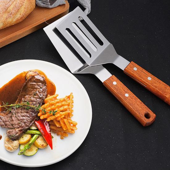 Stainless Steel Frying Spatula Set with Wooden Handle Heat Resistant Solid Turner