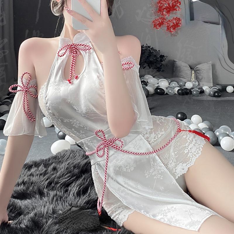 Сексуальная китайская юбка Cheongsam с открытой спиной, кружевное прозрачное нижнее белье с высоким разрезом, мини-набор Qipao