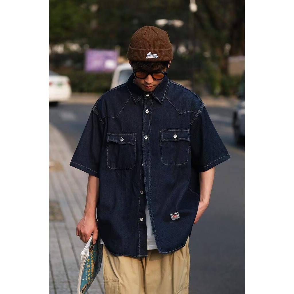 Японский ретро модный бренд летняя свободная джинсовая рубашка с короткими рукавами художественная молодежная рабочая рубашка мужская и женская многослойная куртка