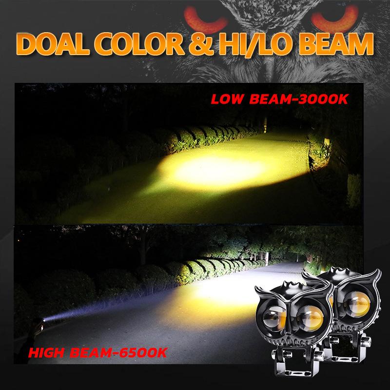 Led Lens Spotlight Dual Color White Yellow Light Owl Auxiliary Fog Lamp Double Lenses Spotlights For Motorcycle Atv Buggy Car