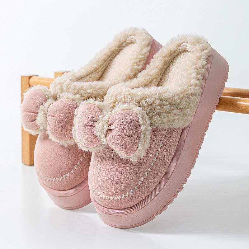 Bow Head Cotton Slippers Home Warm Cotton Drag Autumn and Winter Couple Fashion Plush Cotton Slippers