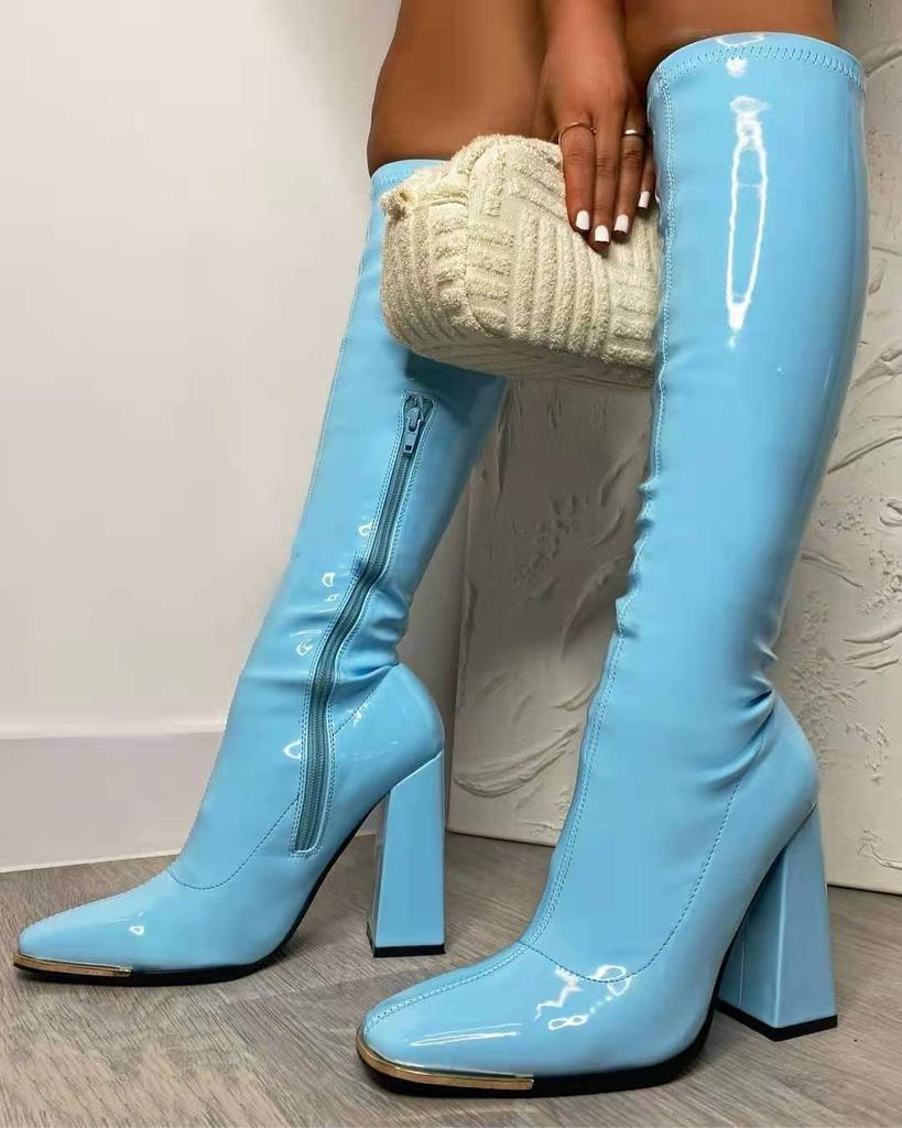 Fashion Woman Boots Square Heel Knee-High Classic Square Toe Boots PU Leather Zip Boots Party Dress Dance Shoes Botas De Mujer