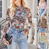 Printed Comfortable Slim Pullover Turtleneck Long-sleeved Lace Floral Mesh Base Shirt T-shirt for Women