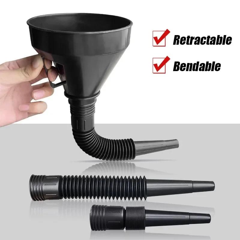 Black Car Extension with Safety Handle Nozzle Funnel Engine Oil Gasoline Strainer Plastic Rubber Funnel Refueling Tools