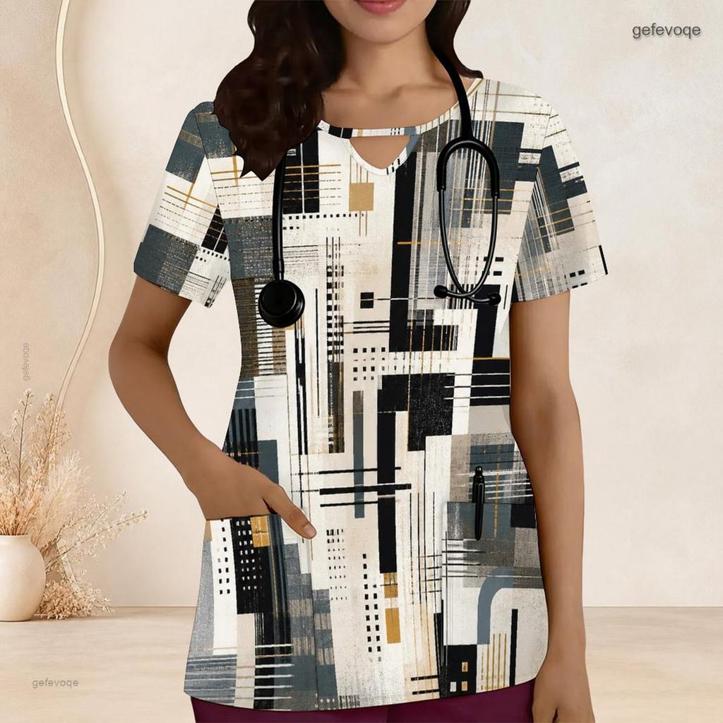 Women Plus Size Geometric Printed Scrub Top Keyhole Neck Short Sleeve With Front Pockets