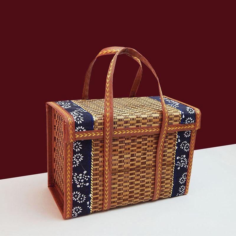 1 шт. Корзина для пикника из бамбука ручной работы с ручками, прямоугольная складная сумка в стиле ретро из бамбука для закусок и фруктов, портативная Wov