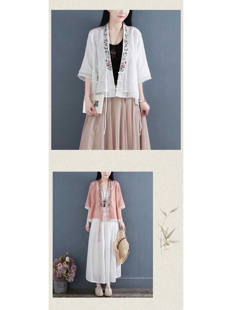 Women's V-Neck Cotton Linen Shirt - Spring/Summer 2024, Loose Fit, Large Size, Casual Short-Sleeve