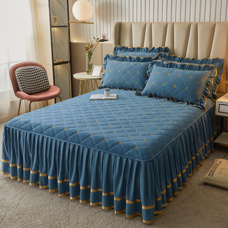 Сплошной цвет стеганая юбка-кровать Покрывало цельное утолщенное покрывало из трех предметов 1,5 м 1,8 X2,0 кружевное покрывало с листьями лотоса