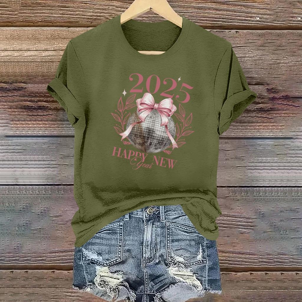Ladies Casual 2025 New Year Printed Round Neck Short Sleeve T-Shirt Top