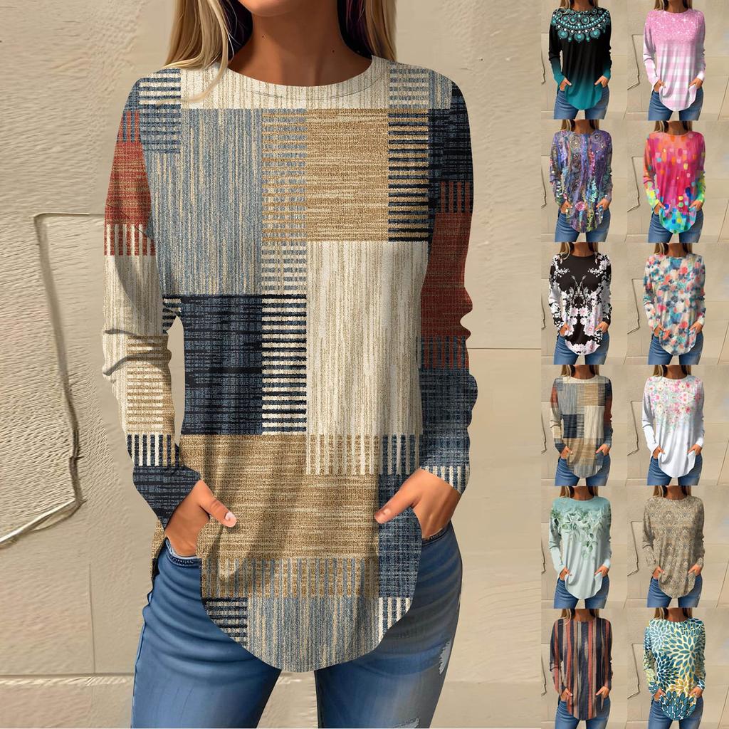 Tee Shirts For Women Fall Casual Long Sleeve Shirts Sweatshirt Retro Printing Top Pullover