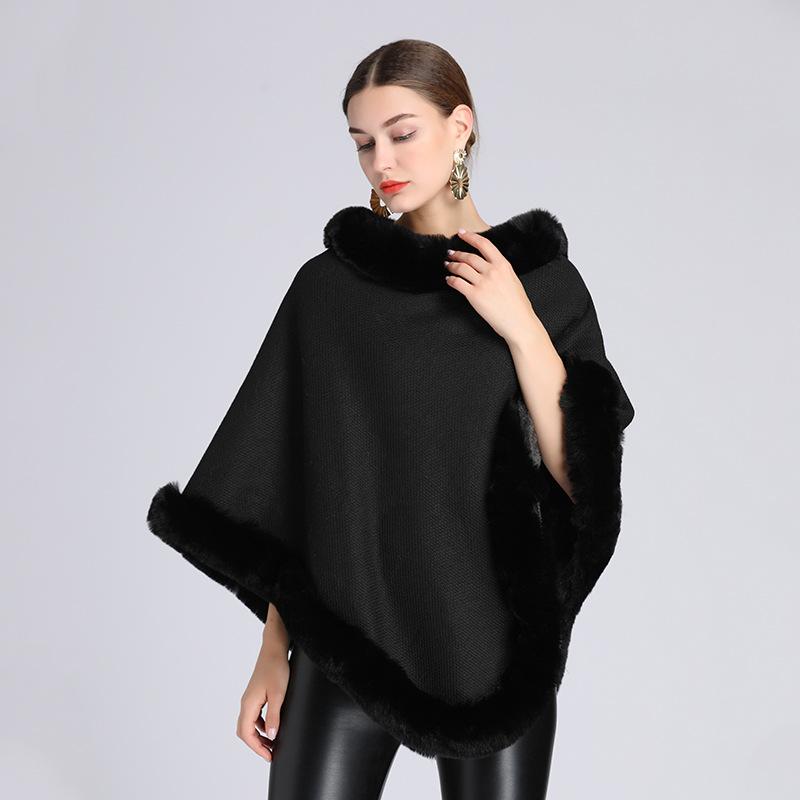 Vintage Knit Faux Fur Trim Poncho Solid-Color Sleeveless Coat Women Winter Thicken Lining Pullover Wraps Cloak Warm Shawl for Female