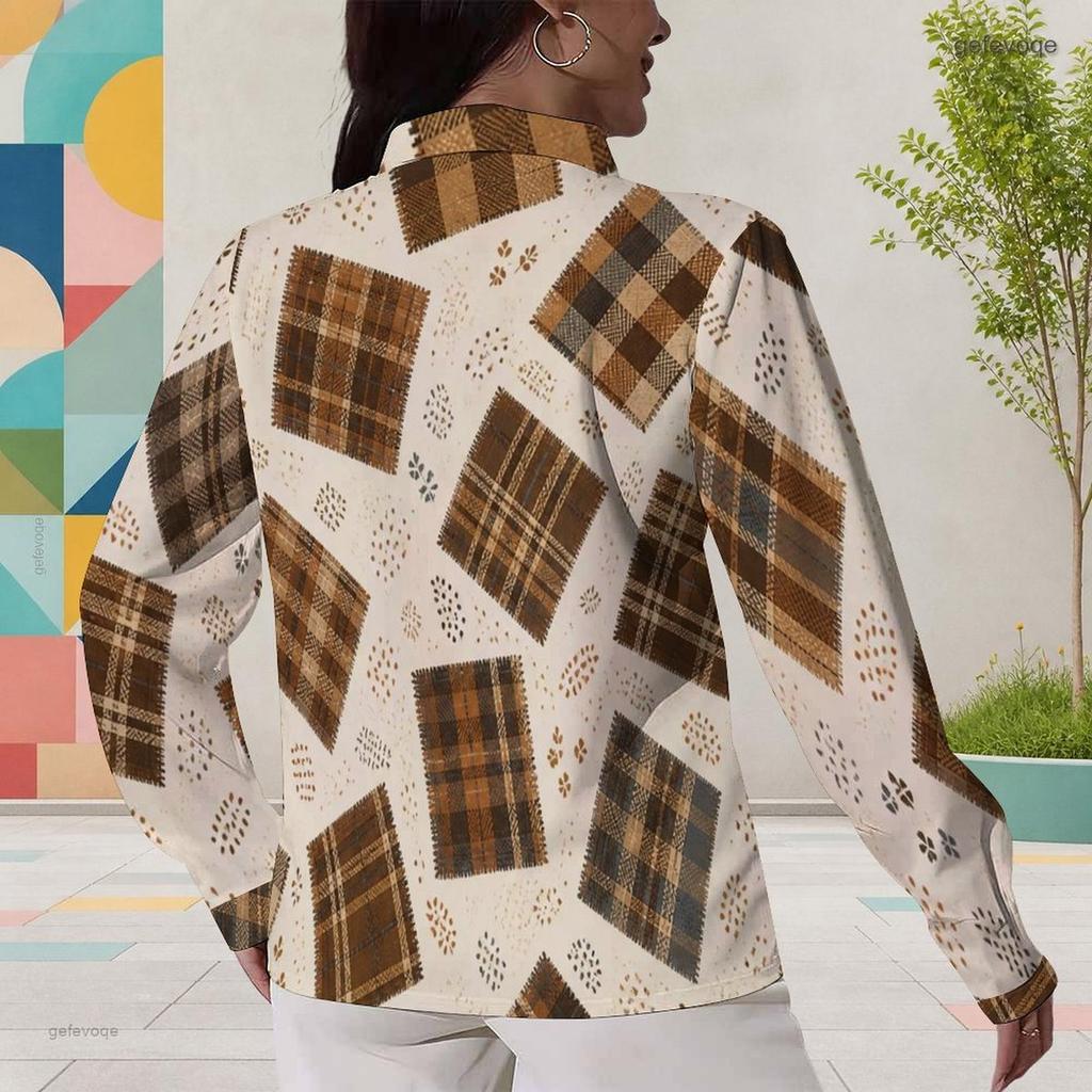 Women Plus Size Plaid Printed Collared Long Sleeve Button Front Curved Hem Shirt