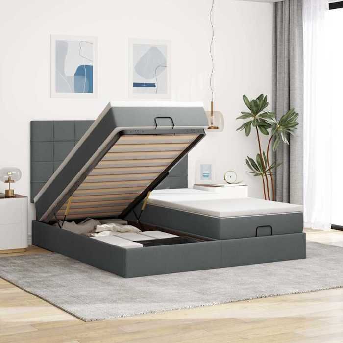 Cadre de lit ottoman - Maison Exclusive - 160x200 - Tissu gris foncé - Rangement hydraulique - Matelas à ressorts