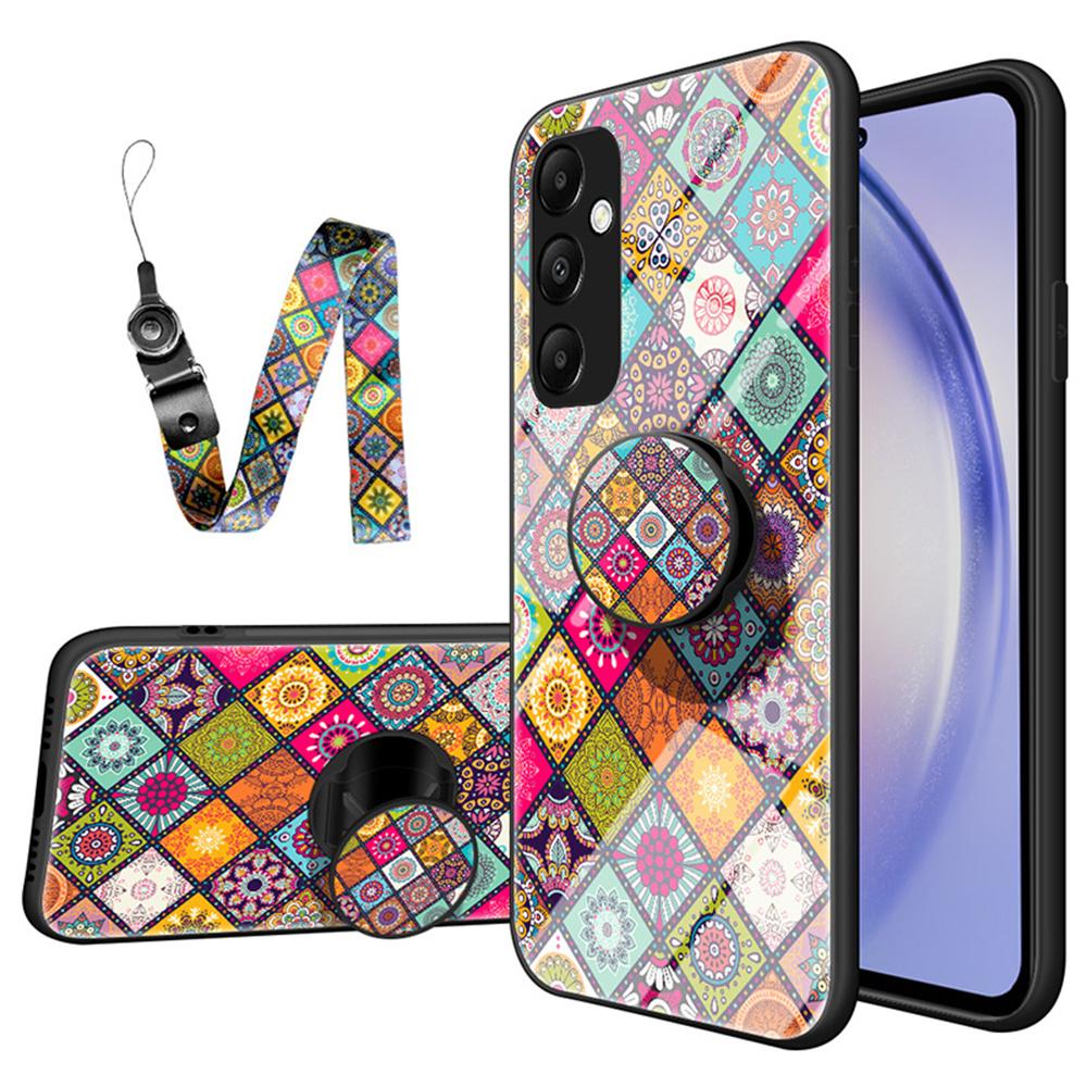 For Samsung Galaxy S25+ Case Kickstand Ethnic Pattern Tempered Glass Phone Cover with Strap