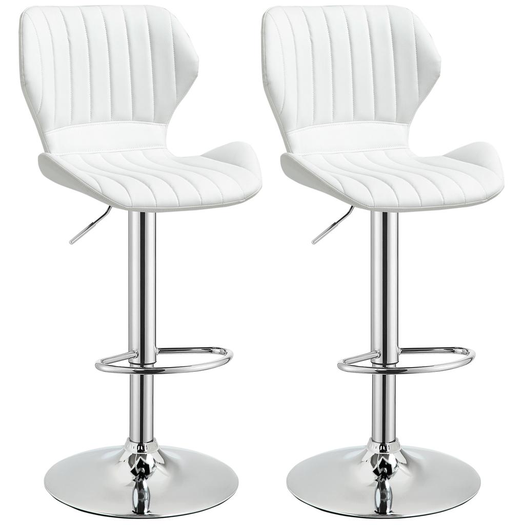 Bar Stools, Set of 2 Swivel Kitchen, Faux Leather, Backrest, 47 x 51.5 x 92-114 cm, White