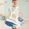 Girls Round Neck Short Sleeve Abstract Printed Blue Beige White A Line Flared Dress