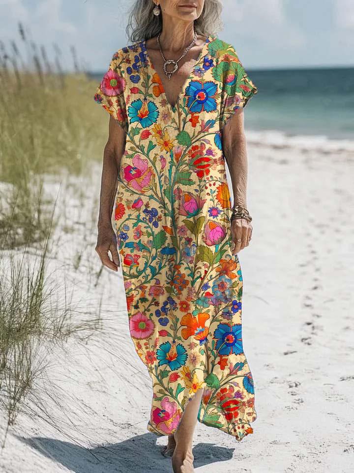 Bohemian Retro Print Raglan Sleeve Summer Maxi Dress