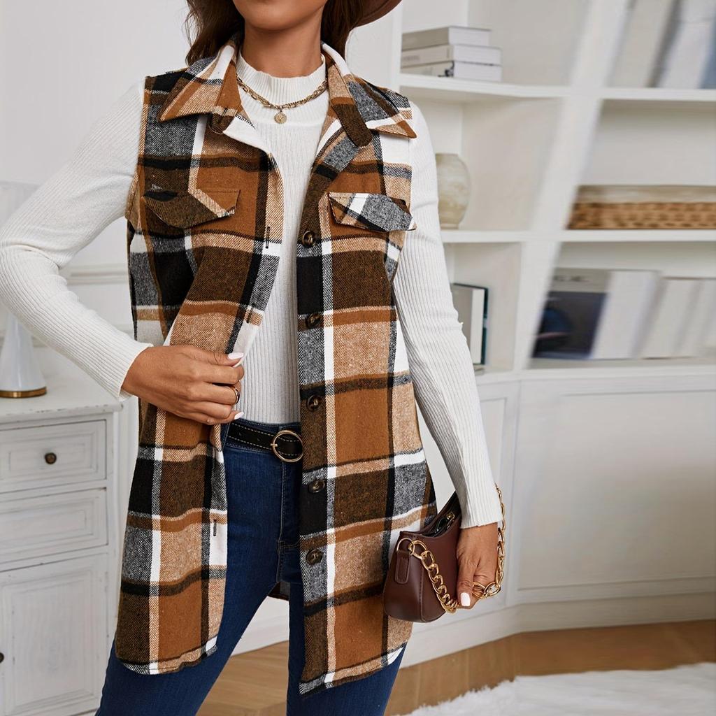 Women's Fashion Casual Sleeveless Long Plaid Button With Pocket Vest Jacket