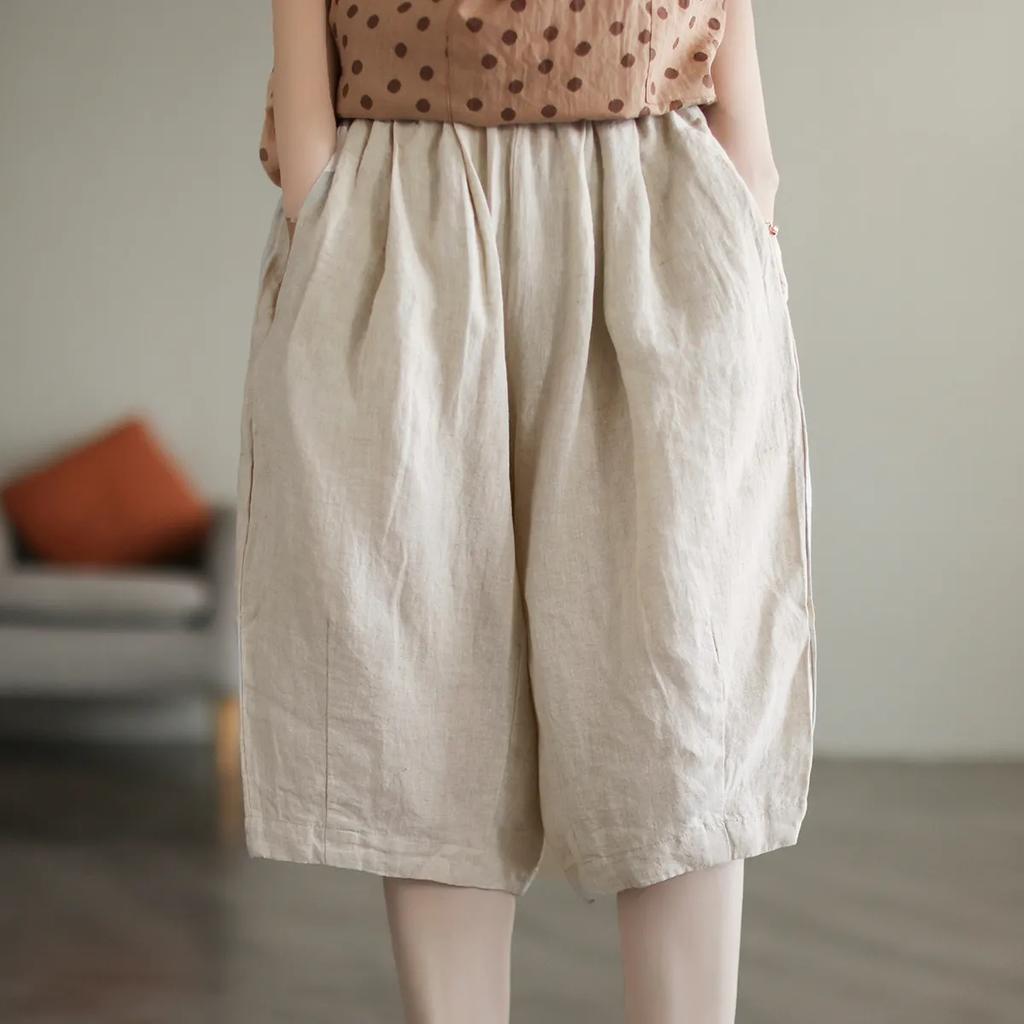 Литературные ретро-хлопковые и льняные однотонные простые повседневные брюки женские летние брюки с эластичной резинкой на талии большого размера с пятью точками