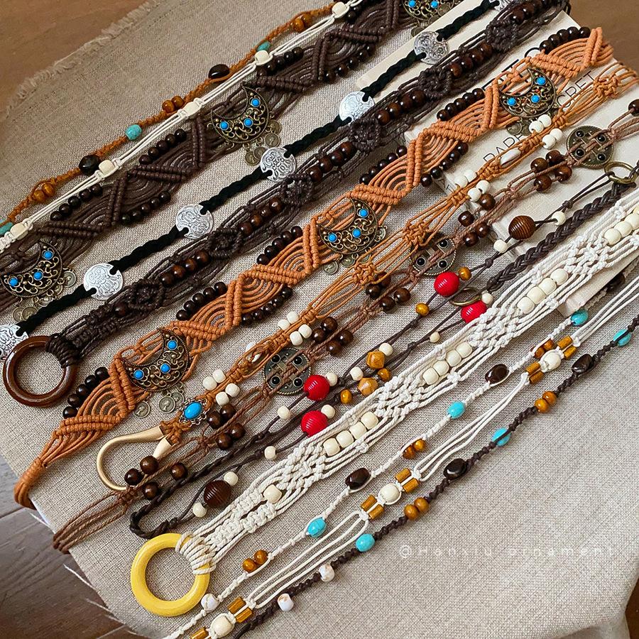 Ethnic Boho Wooden Bead Waist Chain, Hand Woven Hemp Rope Multi Layer Belt, Versatile Women Decorative Ornament