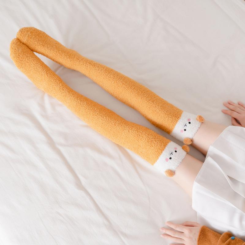 Japanese Cute High Knee Socks Children Coral Fleece Autumn And Winter Thickened Ins Home Confinement Socks Sleep Stockings