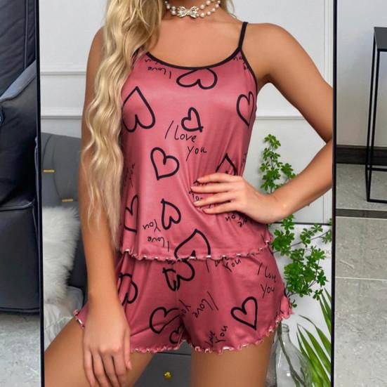 2 Pcs/Set Women Pajamas Set O Neck Sleeveless Heart Print Strappy Top Elastic High Waist Shirring Edge Loose Fit Shorts Homewear Vest Shorts