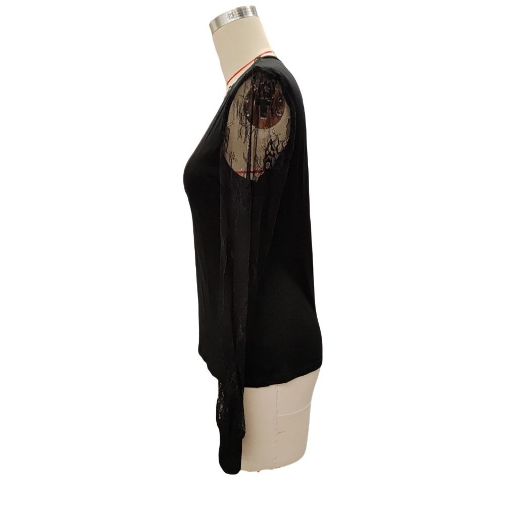 Женская элегантная кружевная кружевная V-образная горловина, свободная однотонная тонкая футболка с длинным рукавом