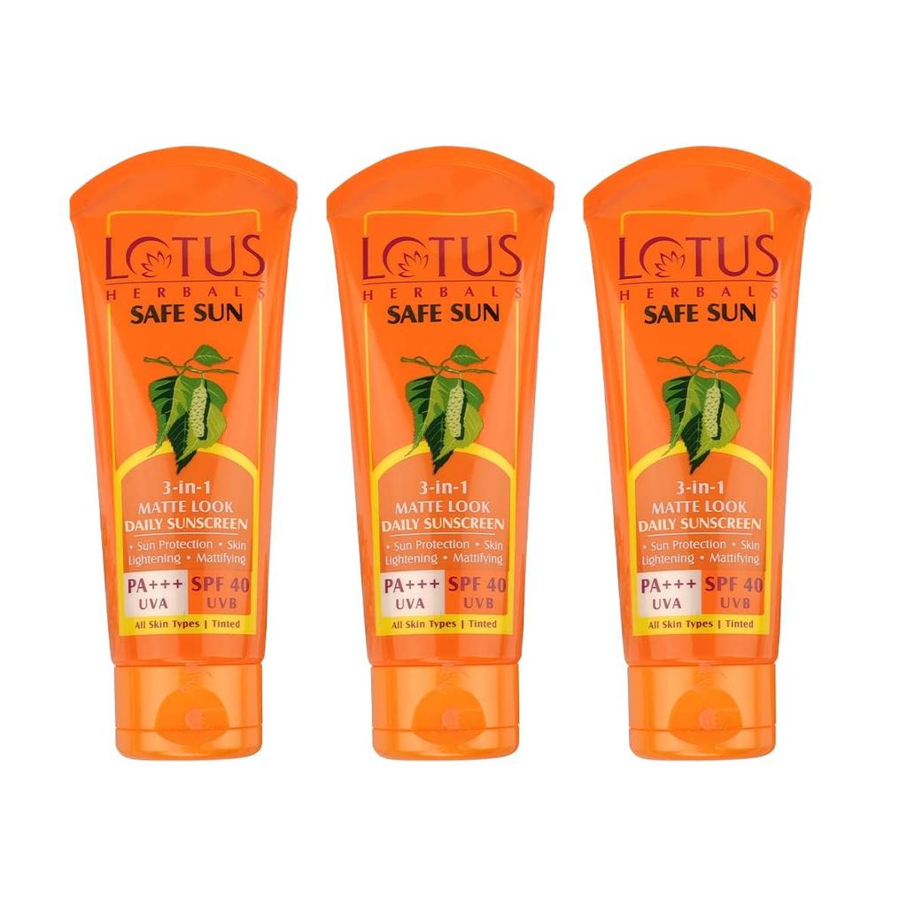 Lotus Herbals Safe Sun 3 в 1 Тонирующий Ежедневный Солнцезащитный Крем | Матовый Эффект | SPF 40 | PA+++ | Для Всех Типов Кожи | 50 г (Пакет из 3)