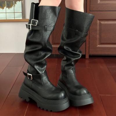 Платформа Женские Высокие Сапоги Плоская подошва Дизайнерские Сапоги до колена Кожа Зимние Мотоциклетные Сапоги Новая Мода Готика Mujer Botas