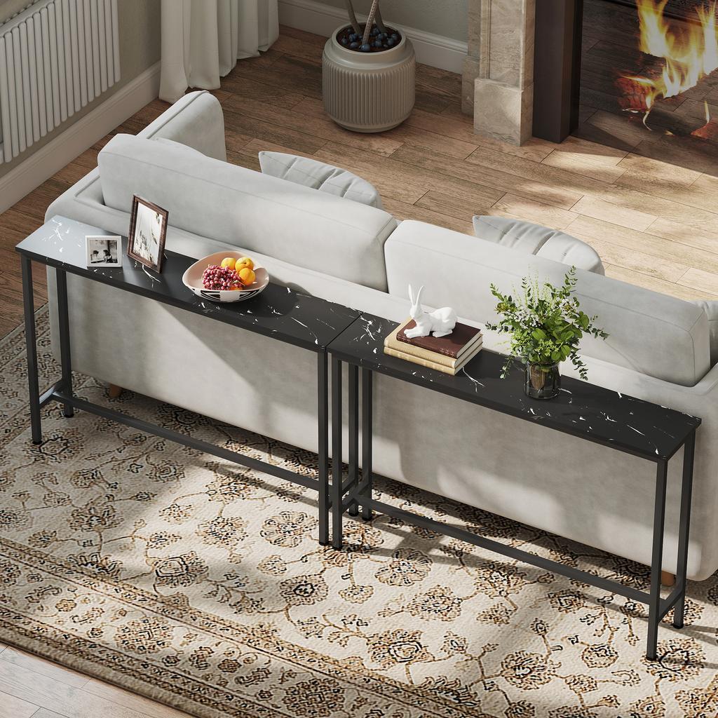 Narrow Entryway Console with Marble-Effect Surface and Metal Frame 100x20x66 cm Black