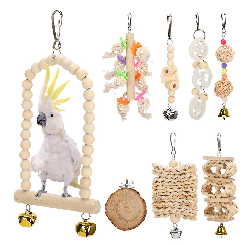 8 Packs Bird Parrots Hanging Swing Cage Toys Natural Wood Bird Climbing Chewing Toy Set