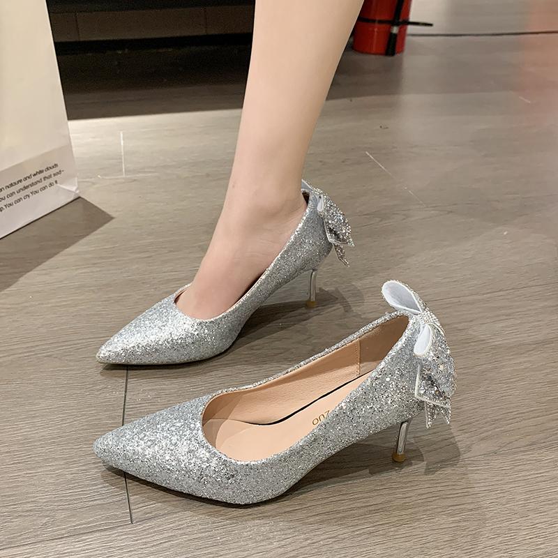 Fashion Shiny Bowknot Thin Heels Pumps Women Slip-On Bling Crystal Party Shoes Woman Sexy Pointed Toe Glitter High Heels Shoes