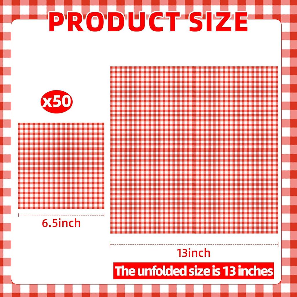 50 Count Red and White Gingham Paper Napk, Disposable Checkered Cocktail Napk for Picnic, BBQ, Farmhouse Party, Summer Birthday, 4th of July, Rustic